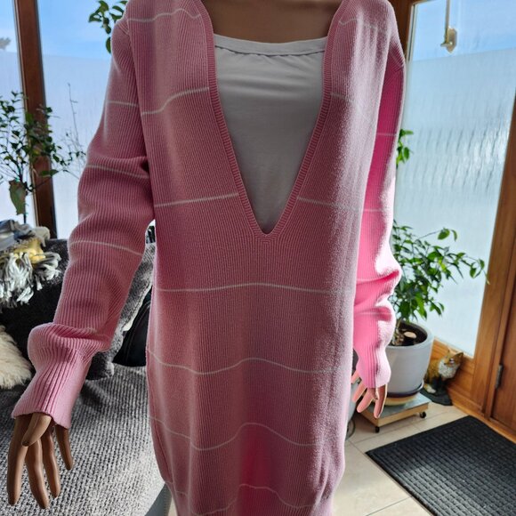 Oversized Ribbed Sweater Dress Deep V Neck In Pink White Stripes New XL - Picture 5 of 13